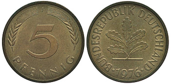 ФРГ 5 ПФЕННИГОВ 1976 J KM 107, Jager 382 сталь плакированная латунью 4547-754