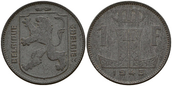 Бельгия 1 франк 1943 Belgique - Belgie, Леопольд III (1934-1947), германская оккупация, Вторая мировая война KM 127 цинк 4161-512
