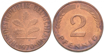 ФРГ 2 ПФЕННИГА 1970 F KM 106a, J.381a сталь плакированная сталь плакированная медьюю 3718-368