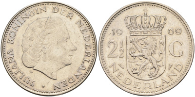 Нидерланды 2 1/2 гульдена 1969 Юлиана (1948-1980) KM 191 никель 4587-726