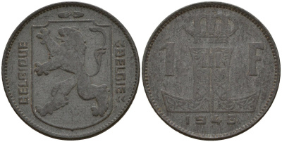Бельгия 1 франк 1943 Belgique - Belgie, Леопольд III (1934-1947), германская оккупация, Вторая мировая война KM 127 цинк 4161-512