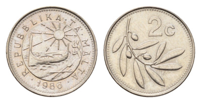 Мальта 2 цента 1986 год-тип, оливковая ветвь KM 79 медно-никель UNC 39-367