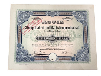 Германия акция в 1000 марок 1922 Фаянсовая фабрика Кольдиц АО в Кольдице, Саксония, Steingutfabrik Colditz AG in Colditz, Sachsen бумага 5555-17