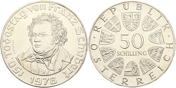 Австрия 50 шиллингов 1978 150 лет со дня смерти Франца Шуберта KM 2937 серебро UNC 633-223