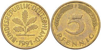 ФРГ 5 пфеннигов 1991 F KM 107, J. 382 сталь плакированная латунью 187-553