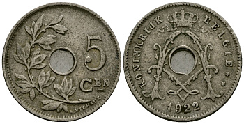 Бельгия 5 сантимов 1922 Belgie KM 67 медно-никель 4173-244