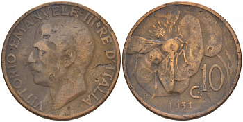 ИТАЛИЯ 10 ЧЕНТЕЗИМО 1931 R, ВИКТОРИО ИМАНУИЛ, ПЧЕЛА KM 60 медь 4544-1114