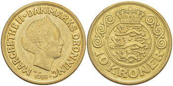 ДАНИЯ 10 КРОН 1989 NR; JP; A, МАРГРЕТЕ II (1972-) KM 867.1 алюминиевая бронза 67-721