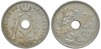 БЕЛЬГИЯ 25 САНТИМОВ 1929 BELGIQUE KM 68.1 медно-никель 72-547