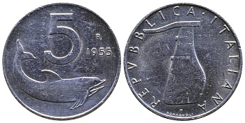 ИТАЛИЯ 5 ЛИР 1955 R, РУЛЬ, ДЕЛЬФИН KM 92 алюминий 4385-1043