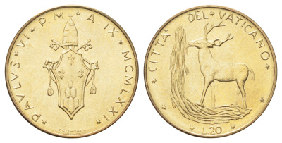 Ватикан 20 лир 1971 MCMLXXI KM 120 алюминиевая бронза UNC 4701-524