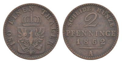 Пруссия 2 пфеннига 1862 A, Вильгельм I (1861-1888) KM 481, Jaeger 51, AKS 107, Olding 425 медь 4651-236