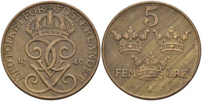 Швеция 5 эре 1940 Густав V (1907-1950) KM 779.2 бронза 4148-234