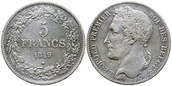 Бельгия 5 франков 1849 Леопольд I (1831-1865), в венке KM 3.2 серебро 74-1033