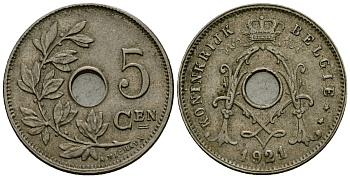 Бельгия 5 сантимов 1921 Belgie KM 67 медно-никель 4173-226