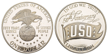 США 1 доллар 1991 S, 50 лет объединённым организациям обслуживания KM 232 серебро PROOF 11-255-35