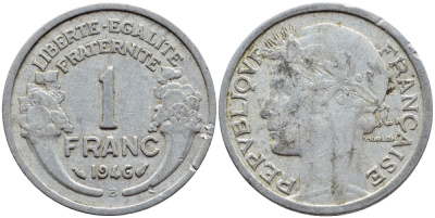 ФРАНЦИЯ 1 ФРАНК 1946 В KM 885а.2 алюминий 4397-653