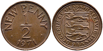 Гернси 1/2 пенни 1971 Елизавета II (1952-2022), герб KM 20 бронза 4387-838