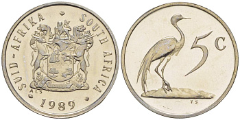 ЮАР 5 центов 1989 герб, райский журавль KM 84 никель PROOF 4525-634