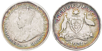 Австралия 3 пенса 1921 M, Георг V (1910-1936), герб Австралии KM 24 серебро 26-737