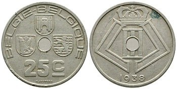 БЕЛЬГИЯ 25 САНТИМОВ 1938 BELGIE-BELGIQUE, ГЕРМАНСКАЯ ОККУПАЦИЯ, ВТОРАЯ МИРОВАЯ ВОЙНА KM 115.1 никель латунь 177-1034