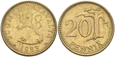 ФИНЛЯНДИЯ 20 ПЕННИ 1983 N KM 47 алюминиевая бронза 4563-334