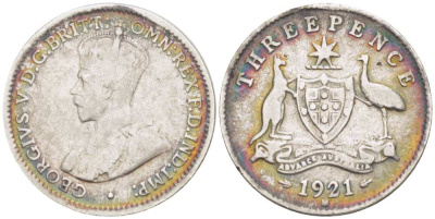 Австралия 3 пенса 1921 M, Георг V (1910-1936), герб Австралии KM 24 серебро 26-737