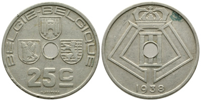 БЕЛЬГИЯ 25 САНТИМОВ 1938 BELGIE-BELGIQUE, ГЕРМАНСКАЯ ОККУПАЦИЯ, ВТОРАЯ МИРОВАЯ ВОЙНА KM 115.1 никель латунь 177-1034