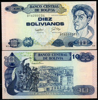 Боливия 10 боливиано 1986 (1987-2001) серия A, Сесилио Гусман де Рохас Pick 204 a  бумага  UNC (пресс) 451-776-1
