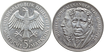 ФРГ 5 марок 1967 F, Вильгельм и Александр фон Гумбольдт J. 395, KM 120.1 серебро UNC 4389-1133