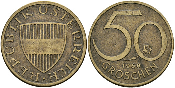 Австрия 50 грошей 1960 KM 2885 алюминиевая бронза 4396-1065