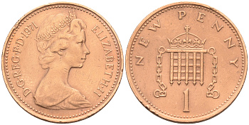 Великобритания 1 пенни 1971 Елизавета II (1952-2022) KM 915, Spink 4237 (B1) бронза 4588-537
