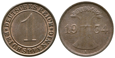 ГЕРМАНИЯ 1 РЕЙХСПФЕННИГ 1934 A KM 37, J. 313 бронза 4380-1251