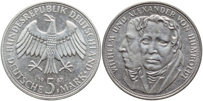 ФРГ 5 марок 1967 F, Вильгельм и Александр фон Гумбольдт J. 395, KM 120.1 серебро UNC 4389-1133