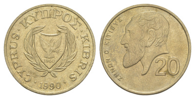 Кипр 20 центов 1990 Зенон Китийский KM 62.1 никель латунь UNC 4652-352