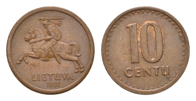 Литва 10 центов (сентов) 1991 год-тип KM 88 бронза 4689-1057