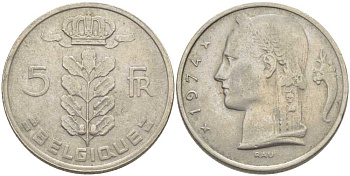 БЕЛЬГИЯ 5 ФРАНКОВ 1974 BELGIQUE, БОДУЭН I (1951-1993) KM 134.1 медно-никель 119-734