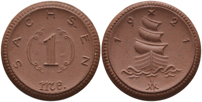 Саксония 1 марка 1921 парусник J. N 55 фарфор 1094-3-23