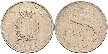 Мальта 10 центов 1998 золотая макрель KM 96 медно-никель 4588-249