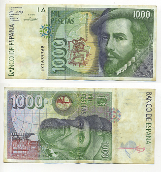 ИСПАНИЯ 1000 ПЕСЕТ 1996 12 ОКТЯБРЯ 1992, ГЕРМАН КОРТЕС, ФРАНСИСКО ПИСАРРО Pick 163 бумага 6278-8-3