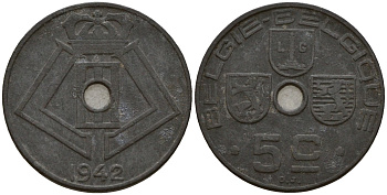 Бельгия 5 сантимов 1942 Belgie - Belgique, Леопольд III (1934-1947), германская оккупация, Вторая мировая война KM 124 цинк 4160-1131