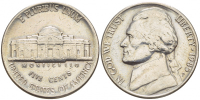 США 5 ЦЕНТОВ 1985 P, ДЖЕФФЕРСОН KM А192 медно-никель 4546-1211