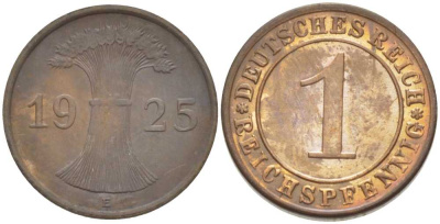 ГЕРМАНИЯ 1 РЕЙХСПФЕННИГ 1925 E KM 37, J. 313, Weege 2 бронза 206-824