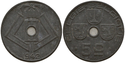 Бельгия 5 сантимов 1942 Belgie - Belgique, Леопольд III (1934-1947), германская оккупация, Вторая мировая война KM 124 цинк 4160-1131