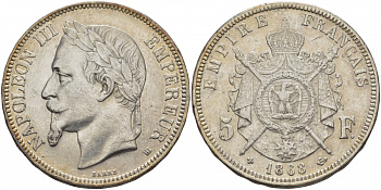 Франция 5 франков 1868 BB, Наполеон III (1852-1870) KM 799.2, Le franc 331/13 серебро aUNC 00-1067-1-32