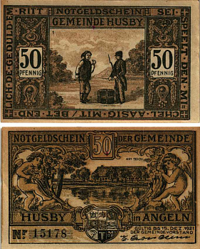 ХЮСБИ 50 ПФЕННИГОВ 1921 НОТГЕЛЬД, 1921 - 15 ДЕКАБРЯ 1921, ЗЕМЛЯ ШЛЕЗВИГ-ГОЛЬШТЕЙН Grabowski 637.1а бумага 7548-117-2-3