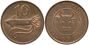 Исландия 10 эйре 1981 кальмар KM 25 бронза 211-829