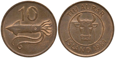 Исландия 10 эйре 1981 кальмар KM 25 бронза 211-829