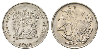 ЮАР 20 центов 1988 герб, цветок протея KM 86 никель 4626-812