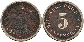 Германия 5 пфеннигов 1914 G J.12, KM 11 медно-никель    4598-1149
